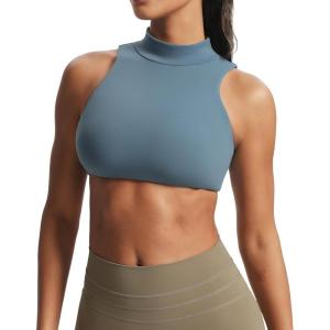 imageAoxjox Womens Kim Cutout High Neck Tank Workout Sports Bras Fitness Training Gym Bra Yoga CropSteel Blue