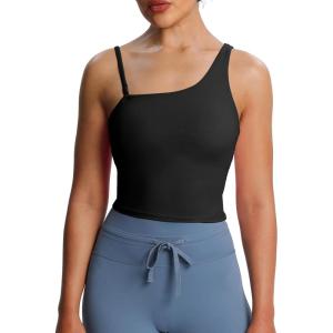 imageAoxjox Womens Workout Sports Bras One Shoulder Astoria Longline Tank Fitness Training Gym Yoga Crop TanksBlack