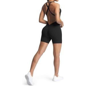imageAoxjox Workout Rompers for Women Brooke Cross Back One Piece Scrunch Gym Yoga Sports Bras JumpsuitBlack