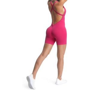 imageAoxjox Workout Rompers for Women Brooke Cross Back One Piece Scrunch Gym Yoga Sports Bras JumpsuitRose Red
