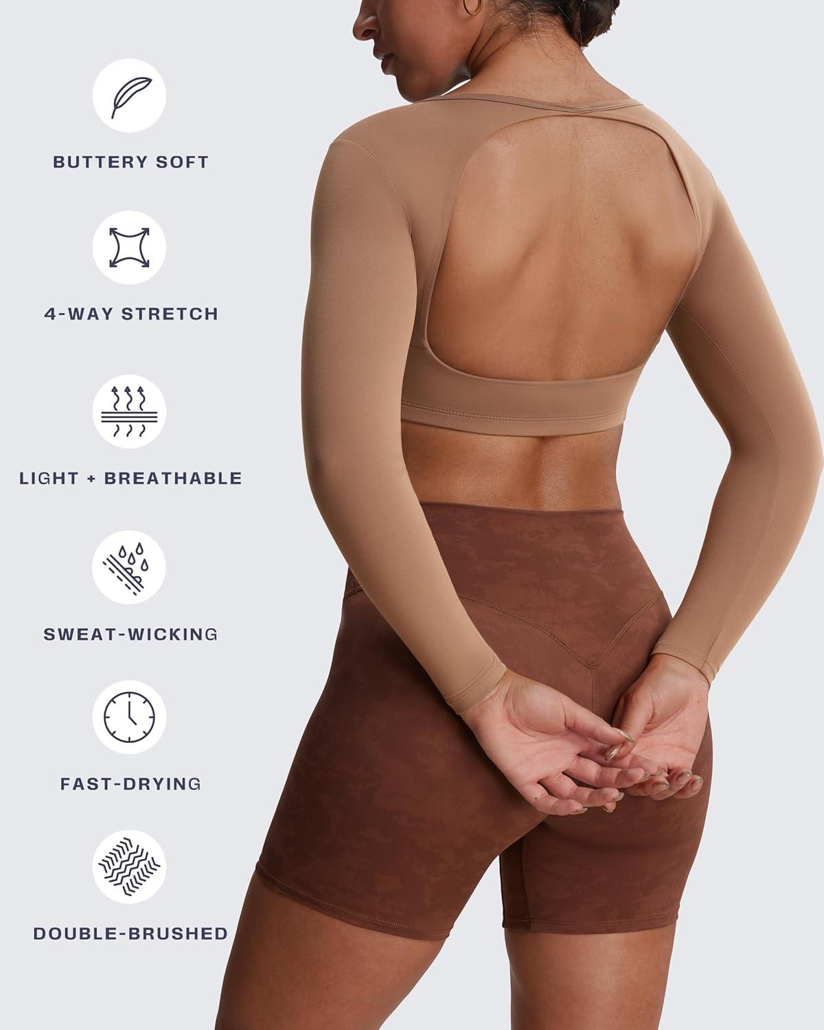 imageAoxjox Workout Long Sleeve Crop Tops for Women Clarissa Backless Gym Cropped T Shirt TopBrownie