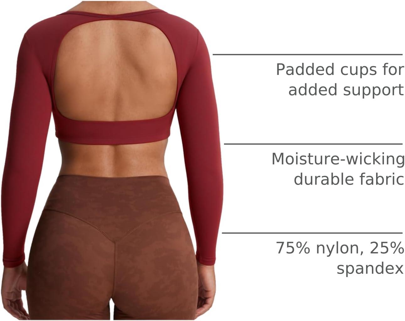 imageAoxjox Workout Long Sleeve Crop Tops for Women Clarissa Backless Gym Cropped T Shirt TopBurgundy Reddish Brown