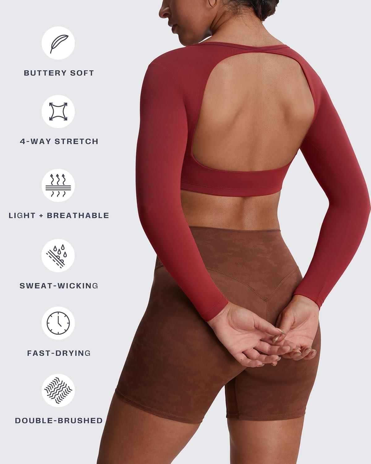 imageAoxjox Workout Long Sleeve Crop Tops for Women Clarissa Backless Gym Cropped T Shirt TopBurgundy Reddish Brown