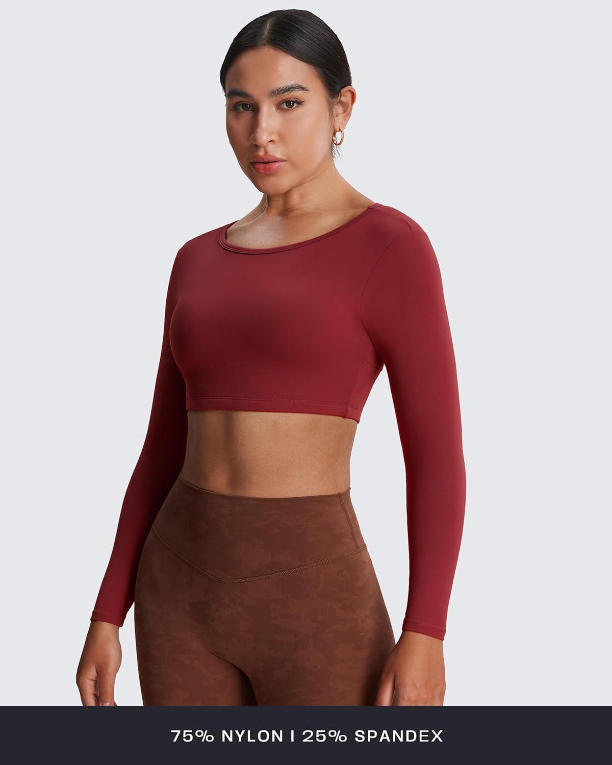 imageAoxjox Workout Long Sleeve Crop Tops for Women Clarissa Backless Gym Cropped T Shirt TopBurgundy Reddish Brown