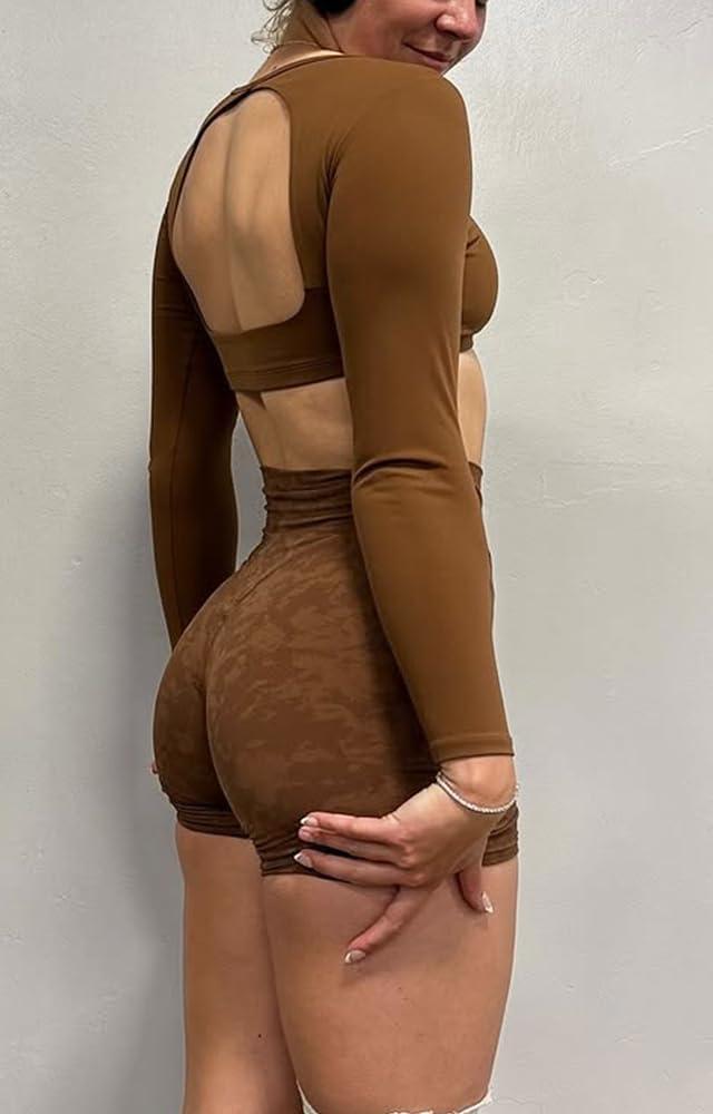 imageAoxjox Workout Long Sleeve Crop Tops for Women Clarissa Backless Gym Cropped T Shirt TopDandelion Brown
