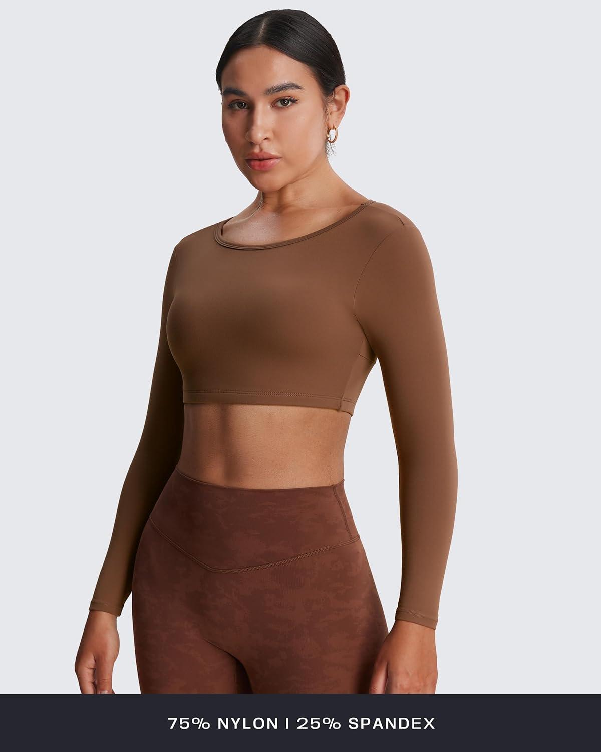 imageAoxjox Workout Long Sleeve Crop Tops for Women Clarissa Backless Gym Cropped T Shirt TopDandelion Brown