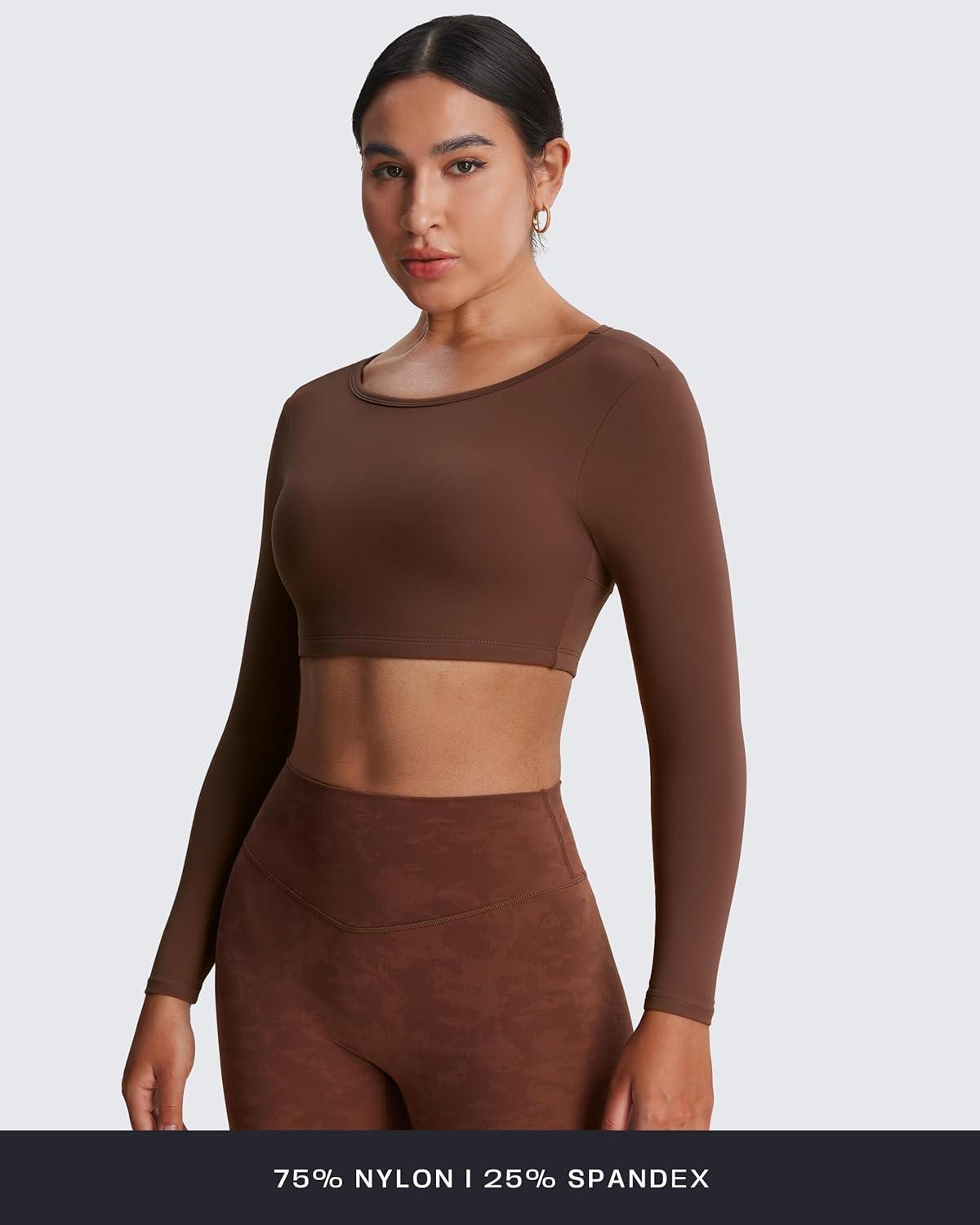 imageAoxjox Workout Long Sleeve Crop Tops for Women Clarissa Backless Gym Cropped T Shirt TopDark Brown