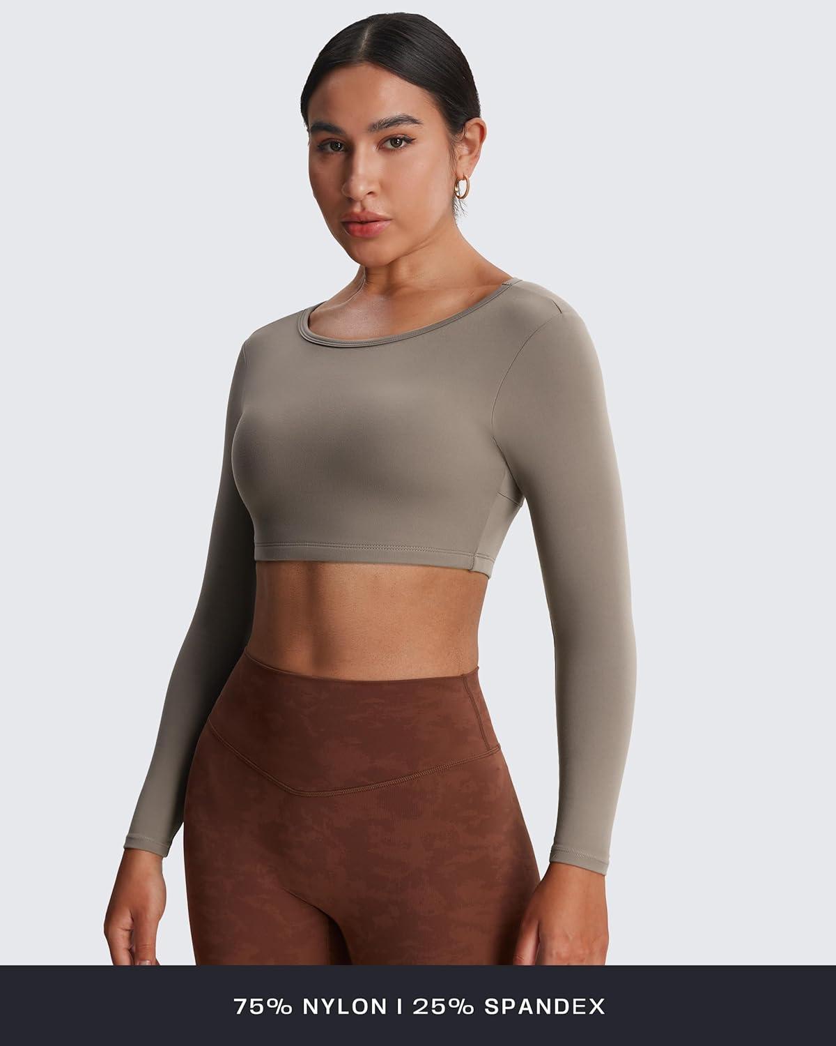 imageAoxjox Workout Long Sleeve Crop Tops for Women Clarissa Backless Gym Cropped T Shirt TopDriftwood