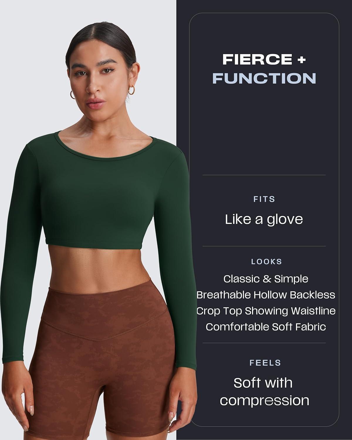 imageAoxjox Workout Long Sleeve Crop Tops for Women Clarissa Backless Gym Cropped T Shirt TopForest Green Deep Depths Green