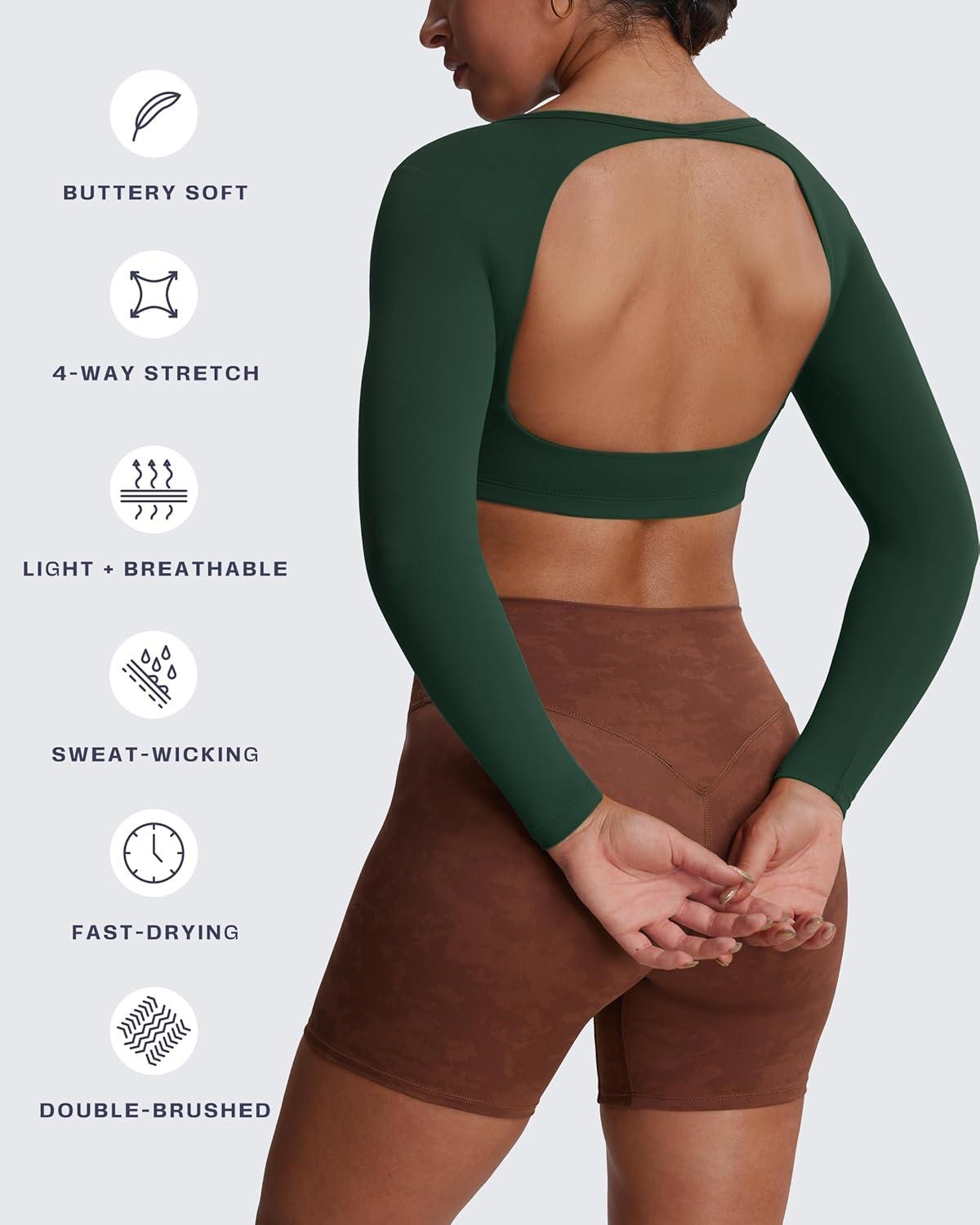imageAoxjox Workout Long Sleeve Crop Tops for Women Clarissa Backless Gym Cropped T Shirt TopForest Green Deep Depths Green