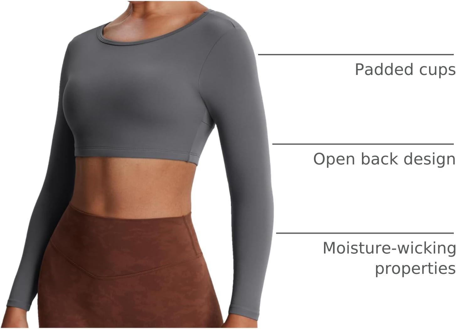 imageAoxjox Workout Long Sleeve Crop Tops for Women Clarissa Backless Gym Cropped T Shirt TopIron Grey