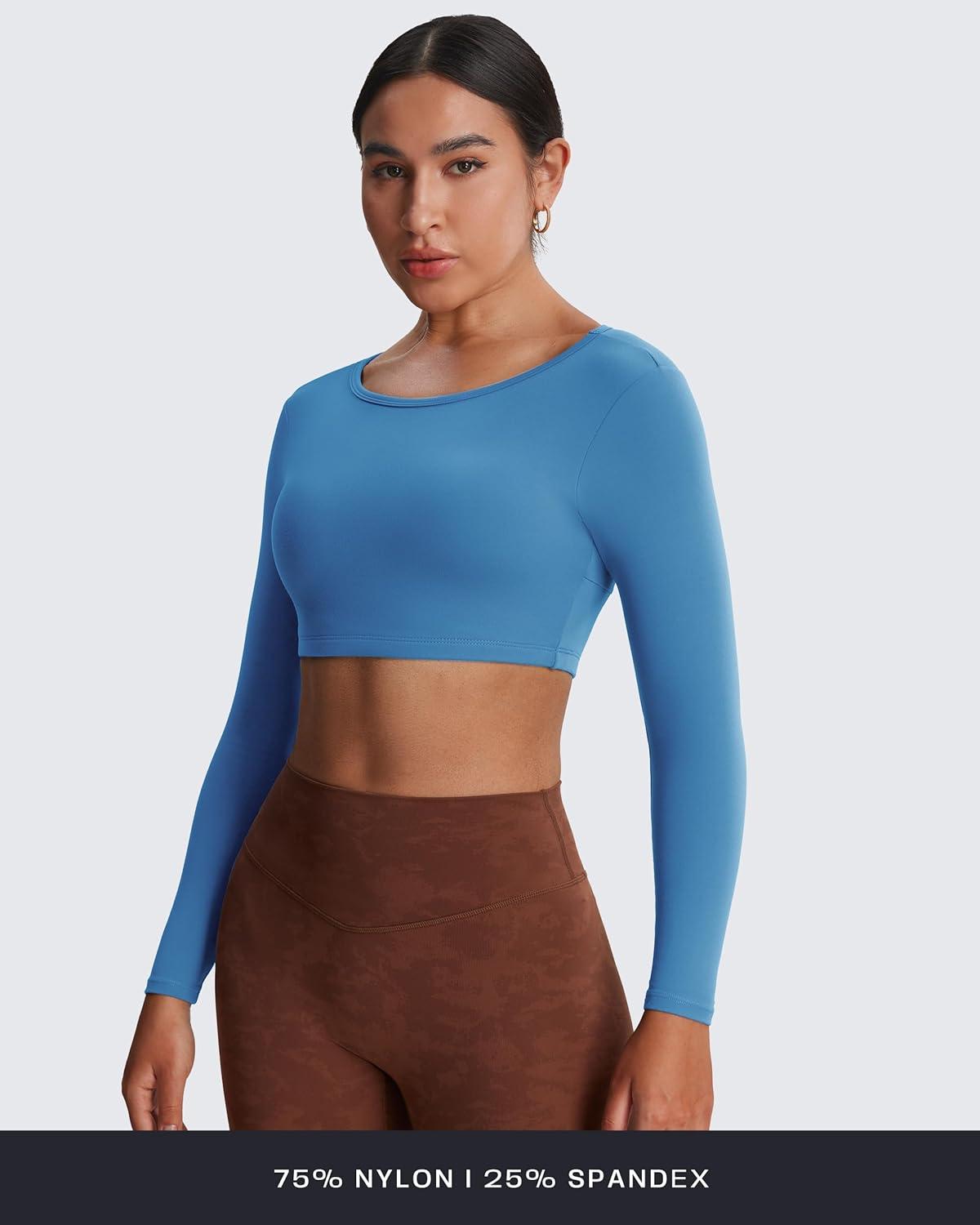 imageAoxjox Workout Long Sleeve Crop Tops for Women Clarissa Backless Gym Cropped T Shirt TopMykonos Blue