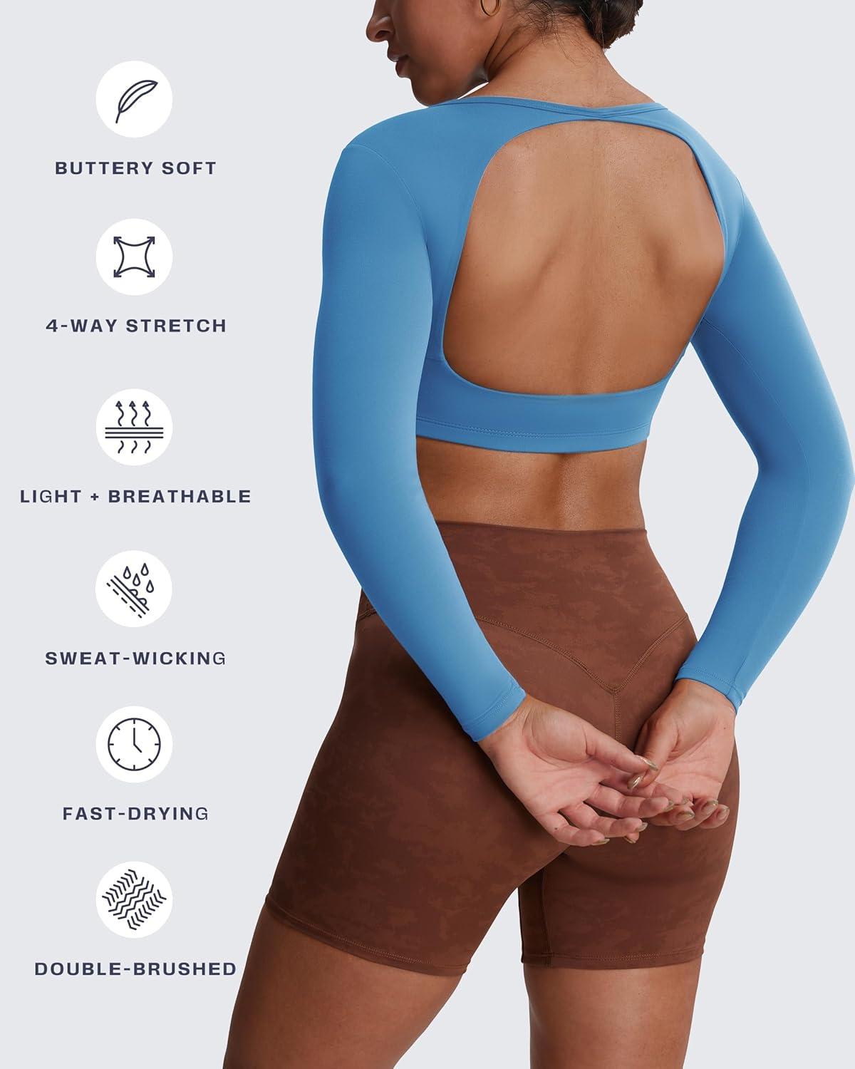 imageAoxjox Workout Long Sleeve Crop Tops for Women Clarissa Backless Gym Cropped T Shirt TopMykonos Blue