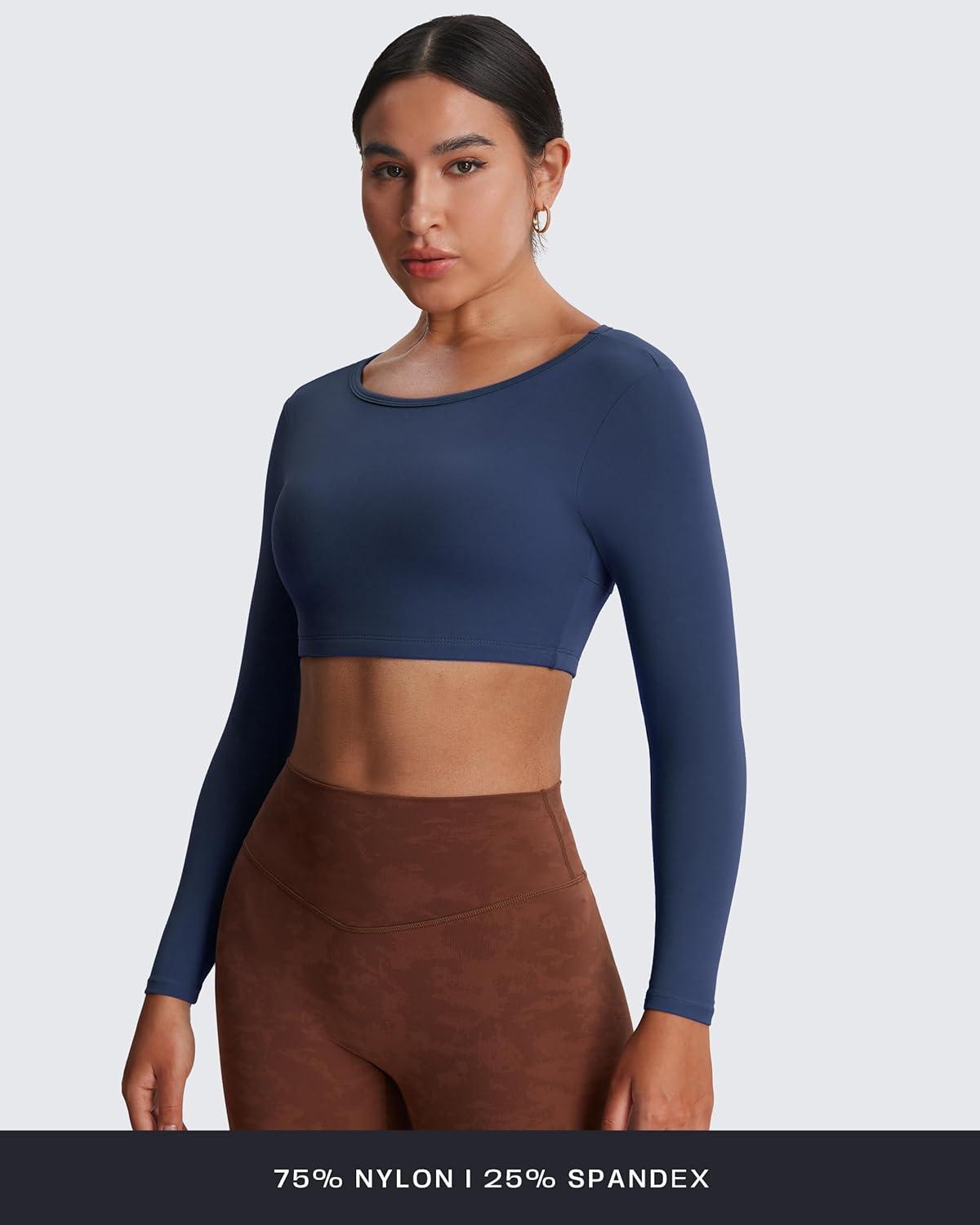 imageAoxjox Workout Long Sleeve Crop Tops for Women Clarissa Backless Gym Cropped T Shirt TopNavy