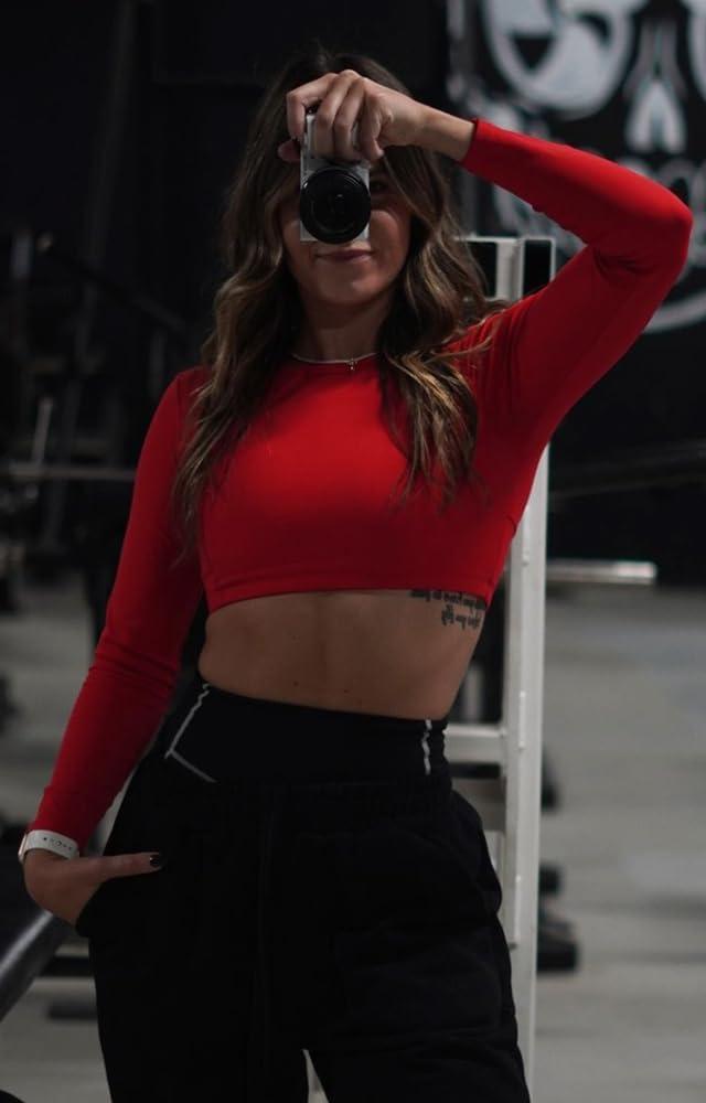 imageAoxjox Workout Long Sleeve Crop Tops for Women Clarissa Backless Gym Cropped T Shirt TopRacing Red