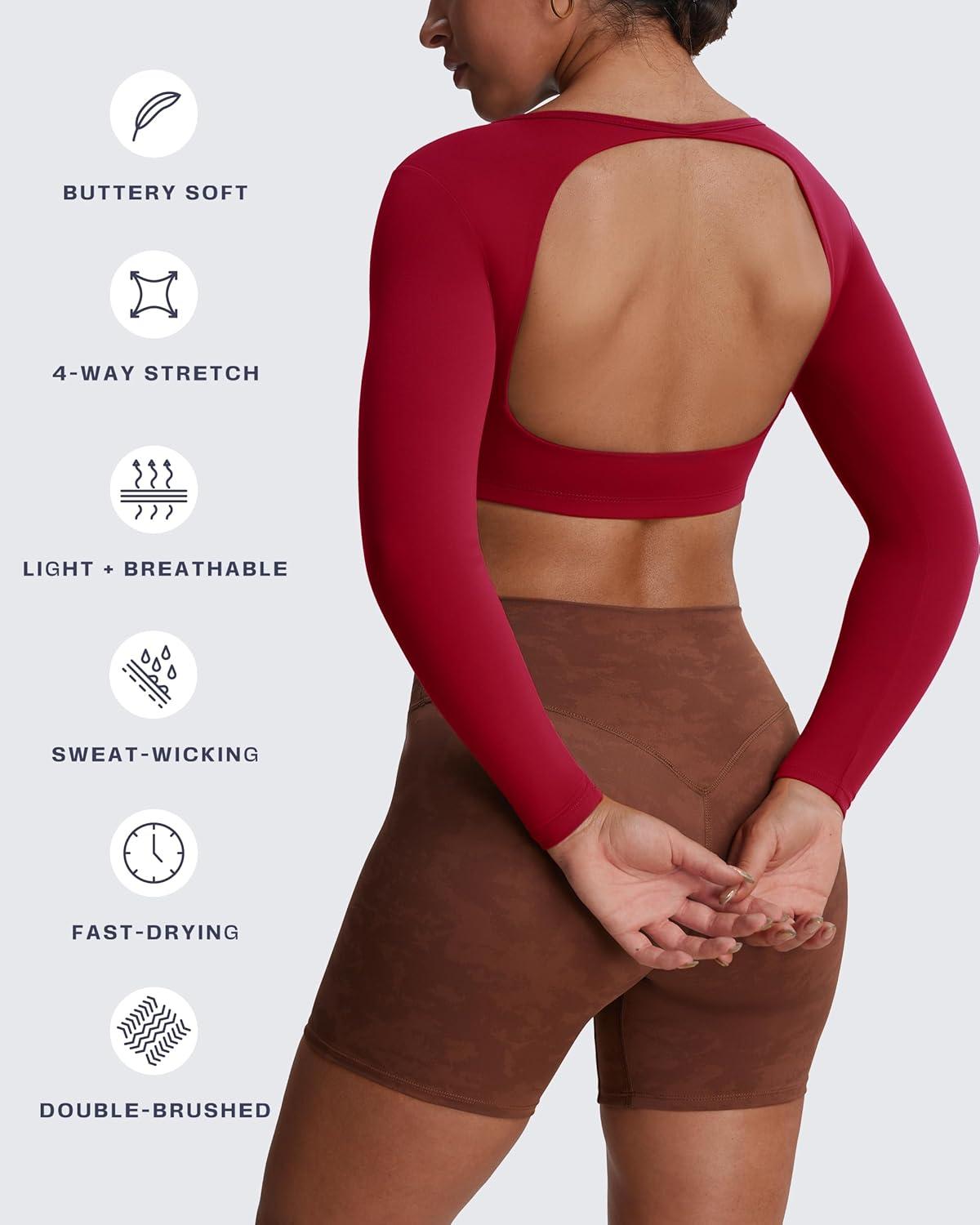 imageAoxjox Workout Long Sleeve Crop Tops for Women Clarissa Backless Gym Cropped T Shirt TopRumba Red