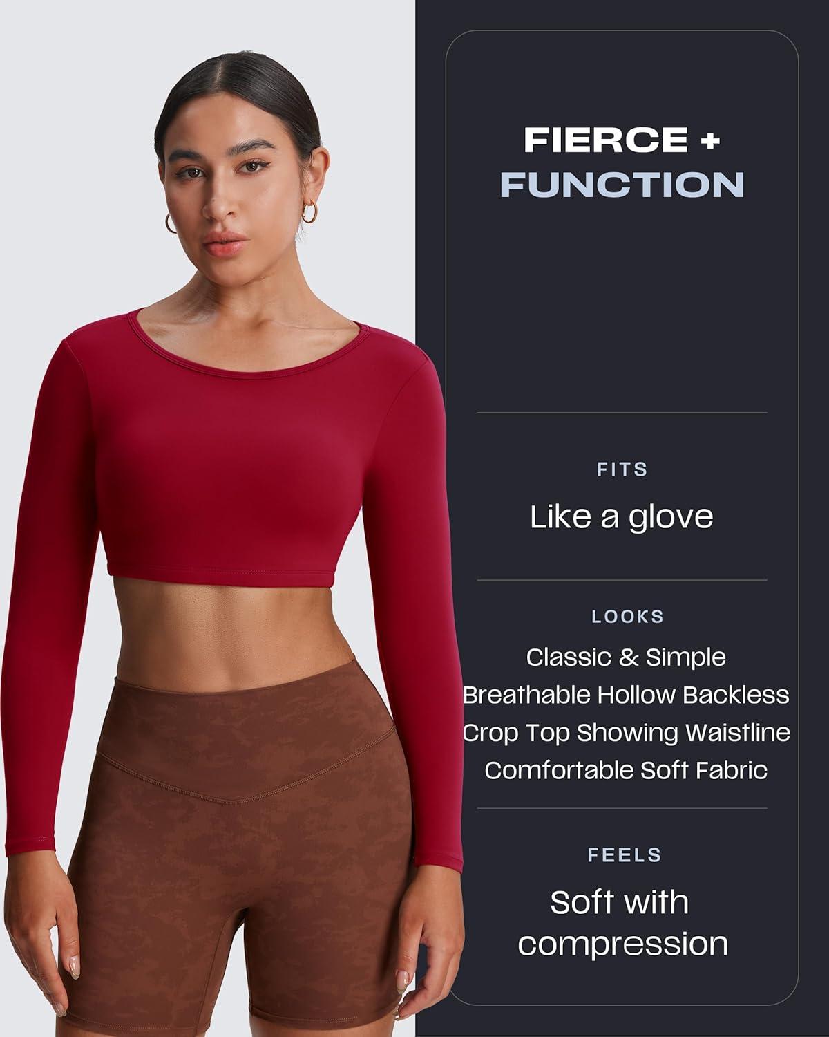 imageAoxjox Workout Long Sleeve Crop Tops for Women Clarissa Backless Gym Cropped T Shirt TopRumba Red