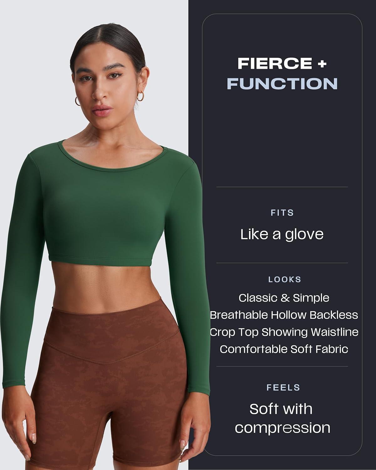 imageAoxjox Workout Long Sleeve Crop Tops for Women Clarissa Backless Gym Cropped T Shirt TopStorm Green