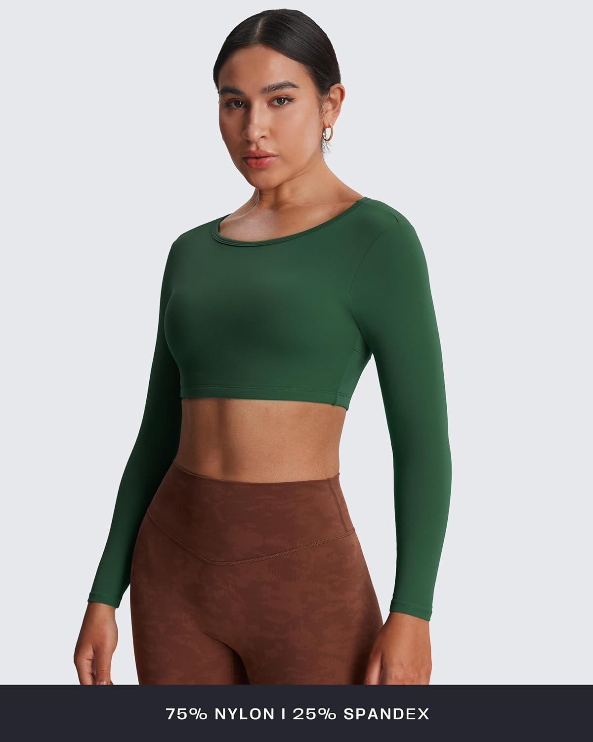 imageAoxjox Workout Long Sleeve Crop Tops for Women Clarissa Backless Gym Cropped T Shirt TopStorm Green