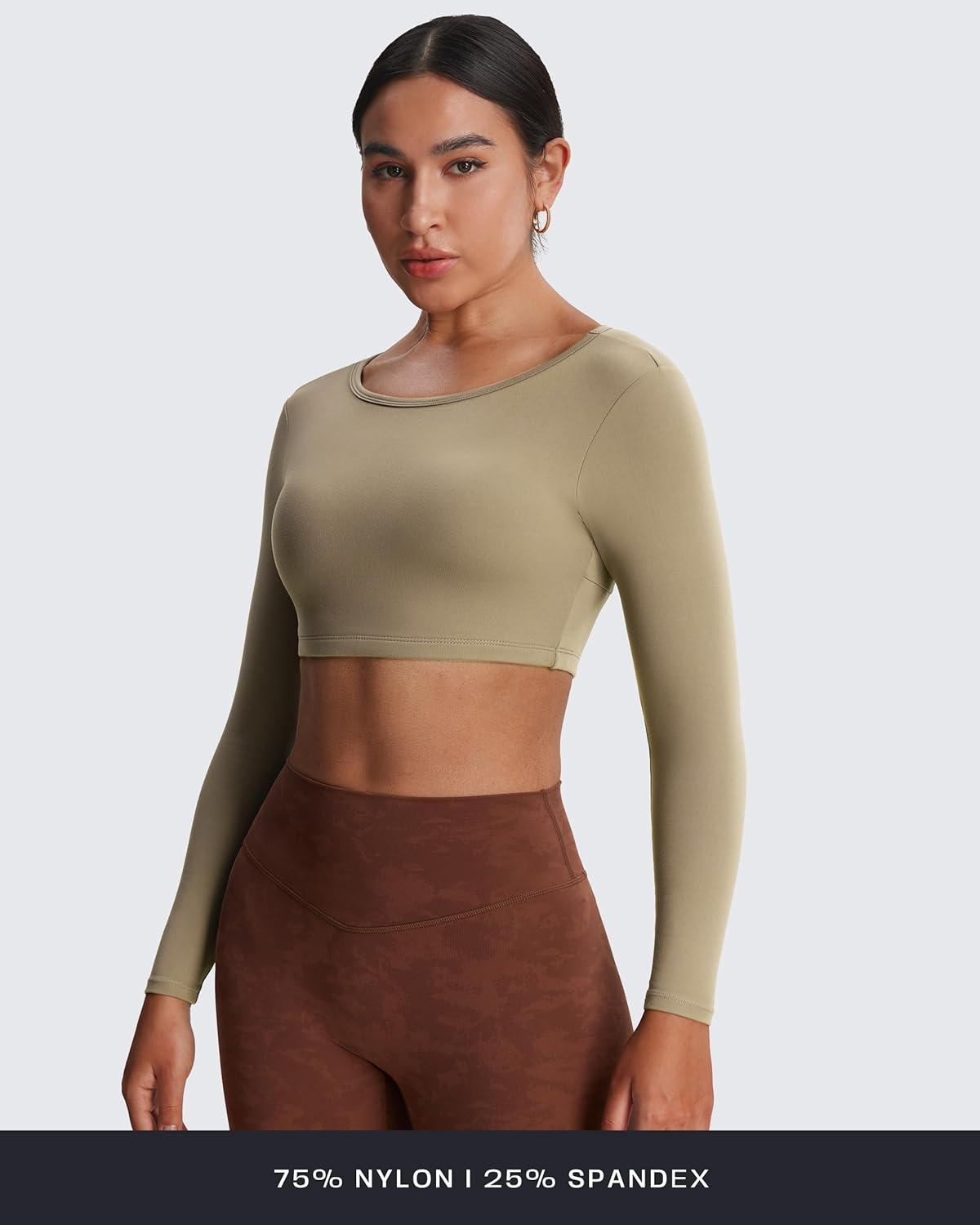 imageAoxjox Workout Long Sleeve Crop Tops for Women Clarissa Backless Gym Cropped T Shirt TopTaupe