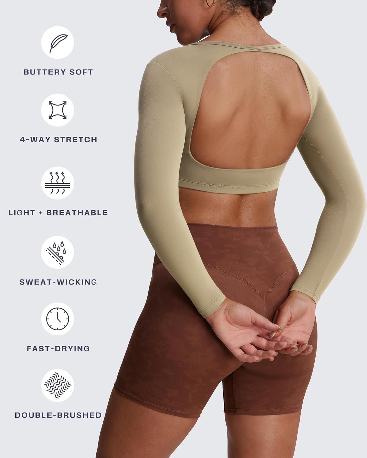 imageAoxjox Workout Long Sleeve Crop Tops for Women Clarissa Backless Gym Cropped T Shirt TopTaupe