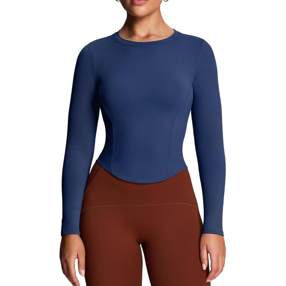 imageAoxjox Long Sleeve TShirt for Women GEO Seamlines Padded Baby Tee Workout Crop TopBellwether Blue
