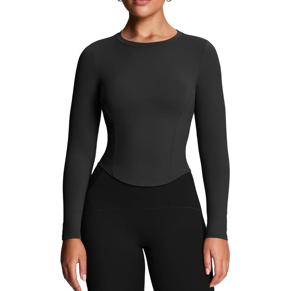 imageAoxjox Long Sleeve TShirt for Women GEO Seamlines Padded Baby Tee Workout Crop TopBlack