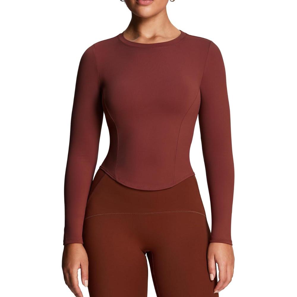 imageAoxjox Long Sleeve TShirt for Women GEO Seamlines Padded Baby Tee Workout Crop TopBurgundy