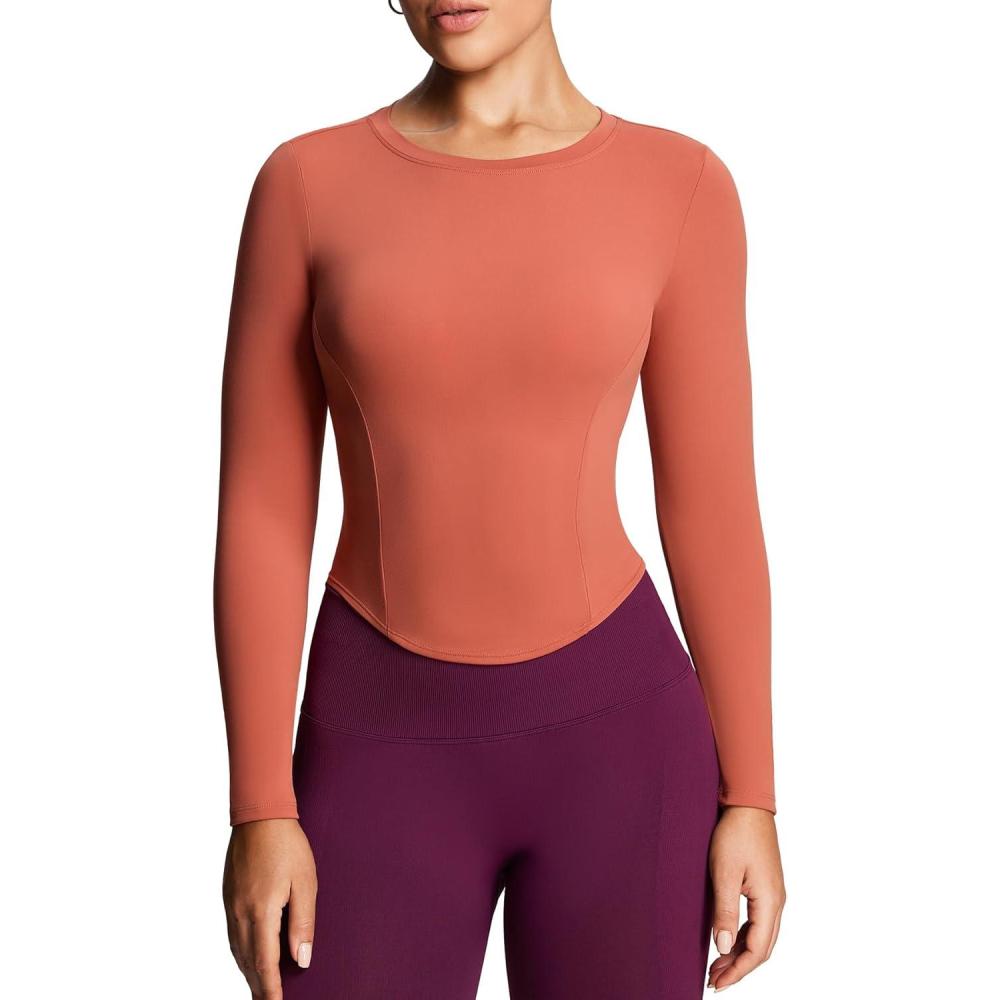 imageAoxjox Long Sleeve TShirt for Women GEO Seamlines Padded Baby Tee Workout Crop TopEarthy Brown