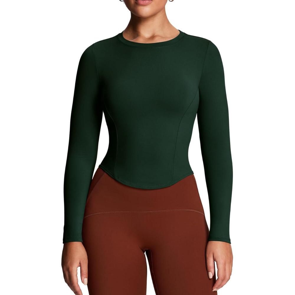 imageAoxjox Long Sleeve TShirt for Women GEO Seamlines Padded Baby Tee Workout Crop TopForest Green
