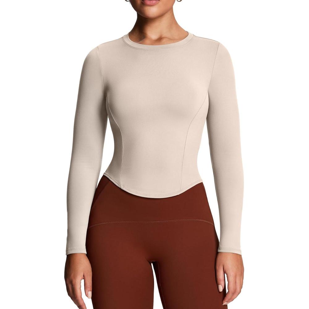 imageAoxjox Long Sleeve TShirt for Women GEO Seamlines Padded Baby Tee Workout Crop TopMink