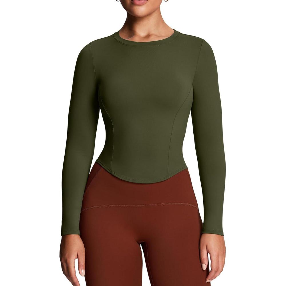 imageAoxjox Long Sleeve TShirt for Women GEO Seamlines Padded Baby Tee Workout Crop TopOlive Green