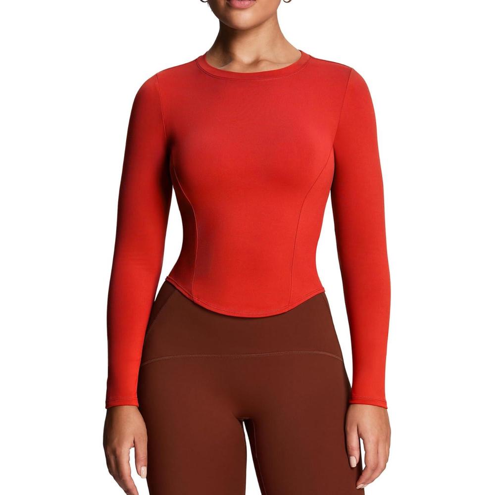 imageAoxjox Long Sleeve TShirt for Women GEO Seamlines Padded Baby Tee Workout Crop TopRacing Red