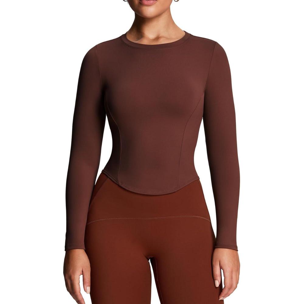 imageAoxjox Long Sleeve TShirt for Women GEO Seamlines Padded Baby Tee Workout Crop TopRum Raisin