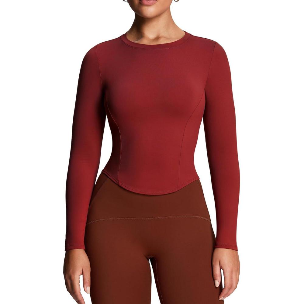 imageAoxjox Long Sleeve TShirt for Women GEO Seamlines Padded Baby Tee Workout Crop TopRumba Red