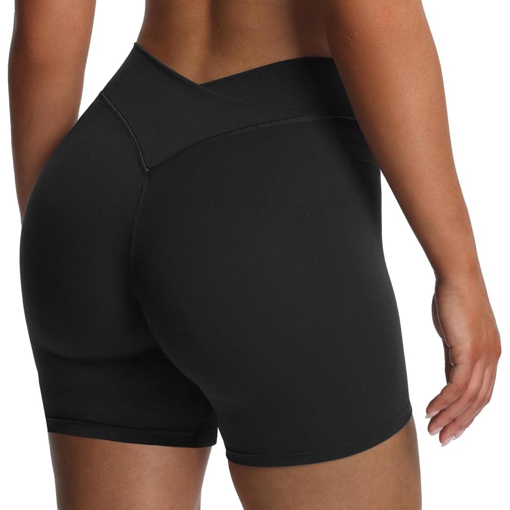 imageAoxjox Roxxy Workout Biker Shorts for Women High Waisted CrossWaist Crossover V Back Tummy Control Running Yoga Short 6quotBlack