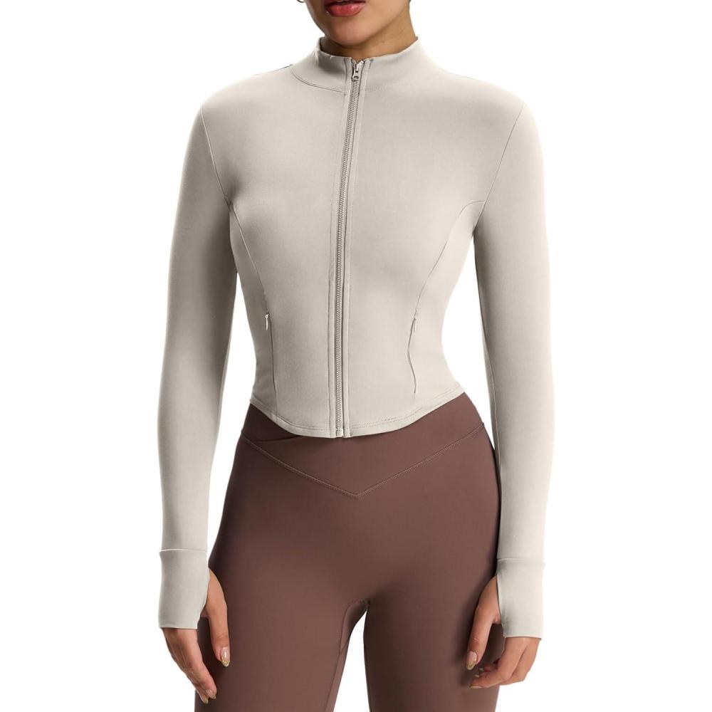 imageAoxjox Womens Full Zippered Geo Zip Jacket Workout Buttery Soft PlushFlex Long Sleeve Thumbhole with Pockets CardiganAlmond