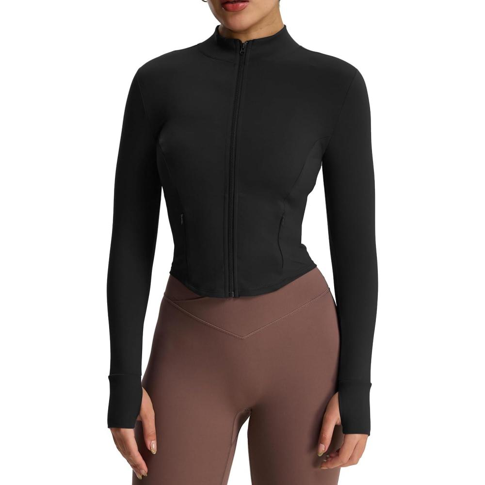 imageAoxjox Womens Full Zippered Geo Zip Jacket Workout Buttery Soft PlushFlex Long Sleeve Thumbhole with Pockets CardiganBlack