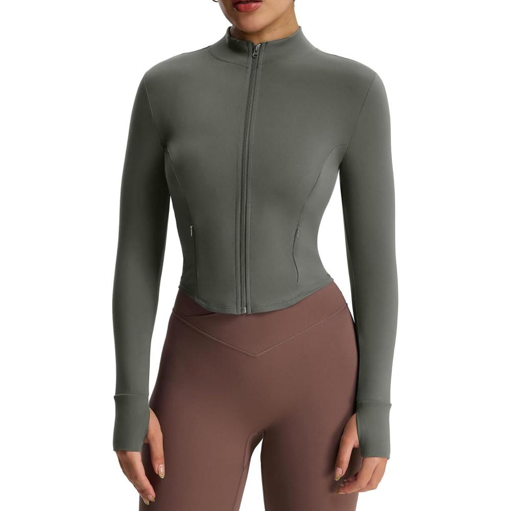 imageAoxjox Womens Full Zippered Geo Zip Jacket Workout Buttery Soft PlushFlex Long Sleeve Thumbhole with Pockets CardiganOlive Haze