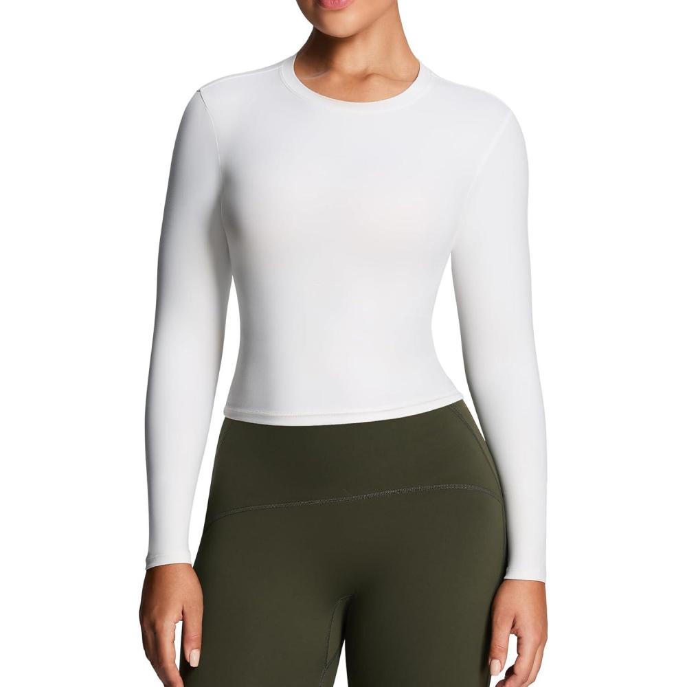 imageAoxjox Womens Long Sleeve Top Classic Workout Active Crew Neck TShirts Regular Length TopsWhite