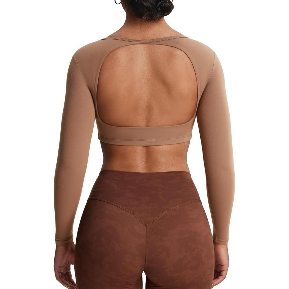imageAoxjox Workout Long Sleeve Crop Tops for Women Clarissa Backless Gym Cropped T Shirt TopBrownie