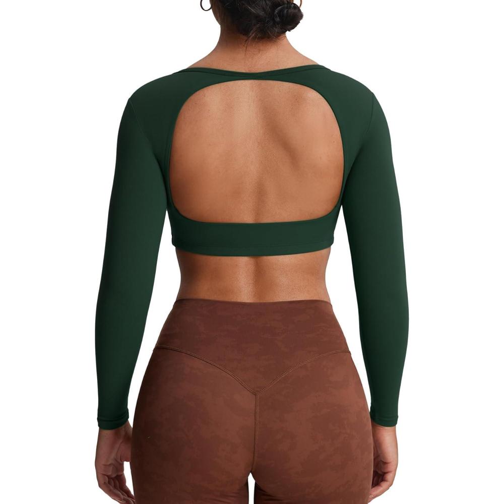 imageAoxjox Workout Long Sleeve Crop Tops for Women Clarissa Backless Gym Cropped T Shirt TopForest Green Deep Depths Green