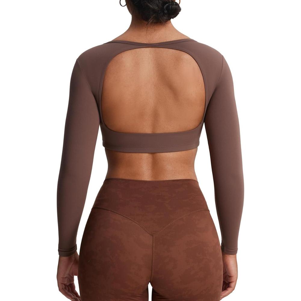imageAoxjox Workout Long Sleeve Crop Tops for Women Clarissa Backless Gym Cropped T Shirt TopFudge Coffee