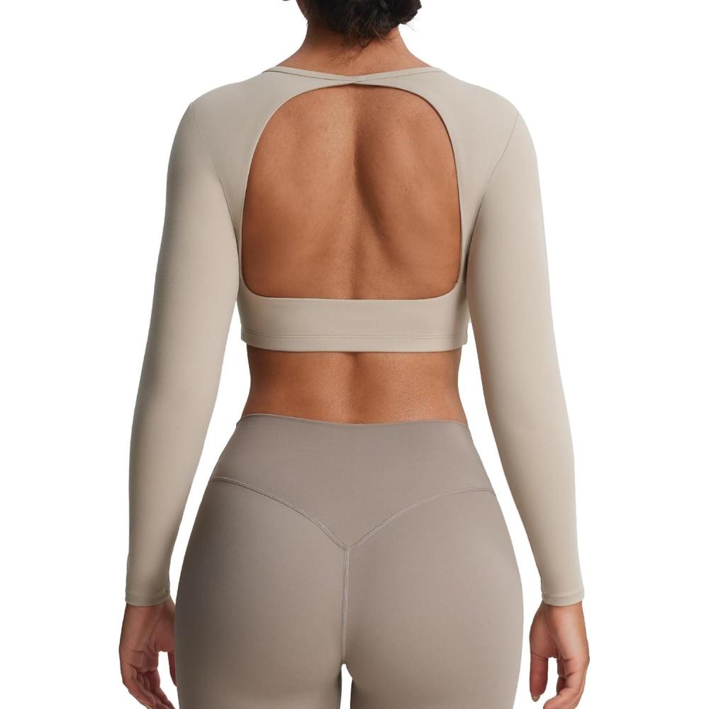 imageAoxjox Workout Long Sleeve Crop Tops for Women Clarissa Backless Gym Cropped T Shirt TopMink