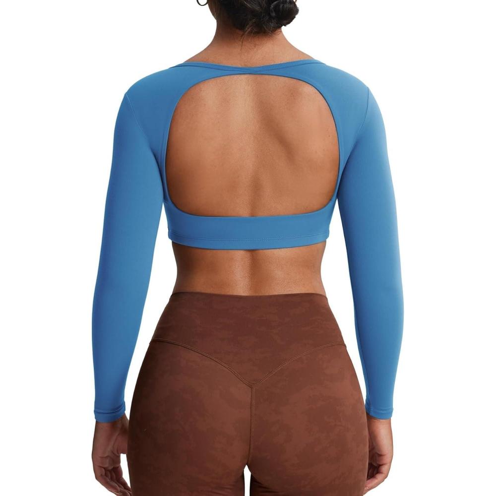 imageAoxjox Workout Long Sleeve Crop Tops for Women Clarissa Backless Gym Cropped T Shirt TopMykonos Blue