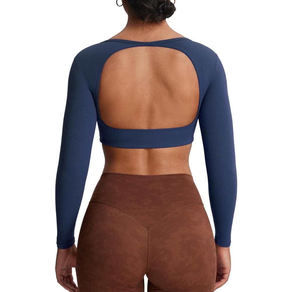 imageAoxjox Workout Long Sleeve Crop Tops for Women Clarissa Backless Gym Cropped T Shirt TopNavy