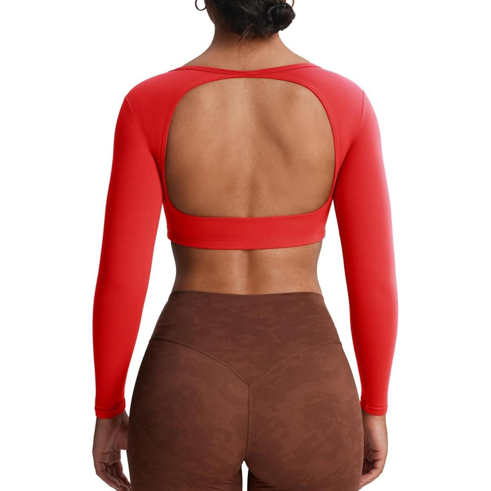imageAoxjox Workout Long Sleeve Crop Tops for Women Clarissa Backless Gym Cropped T Shirt TopRacing Red