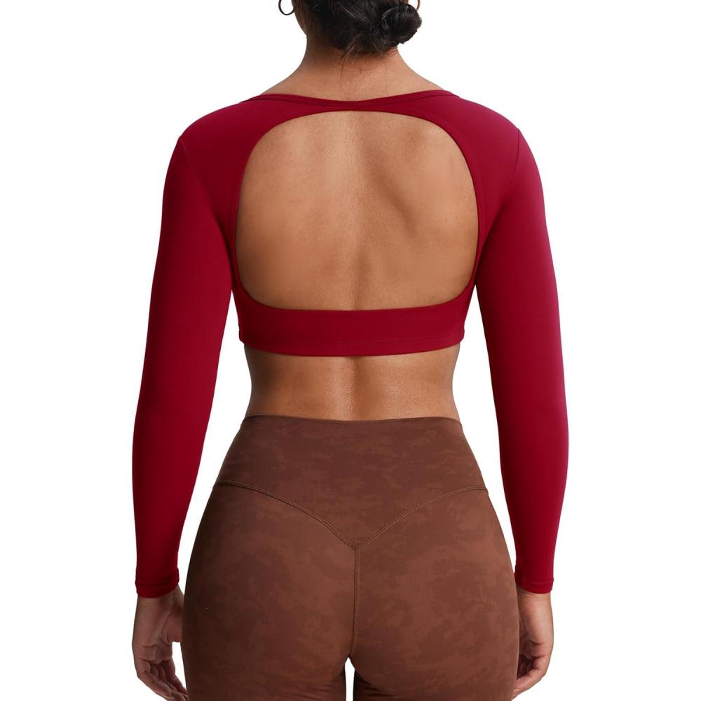 imageAoxjox Workout Long Sleeve Crop Tops for Women Clarissa Backless Gym Cropped T Shirt TopRumba Red