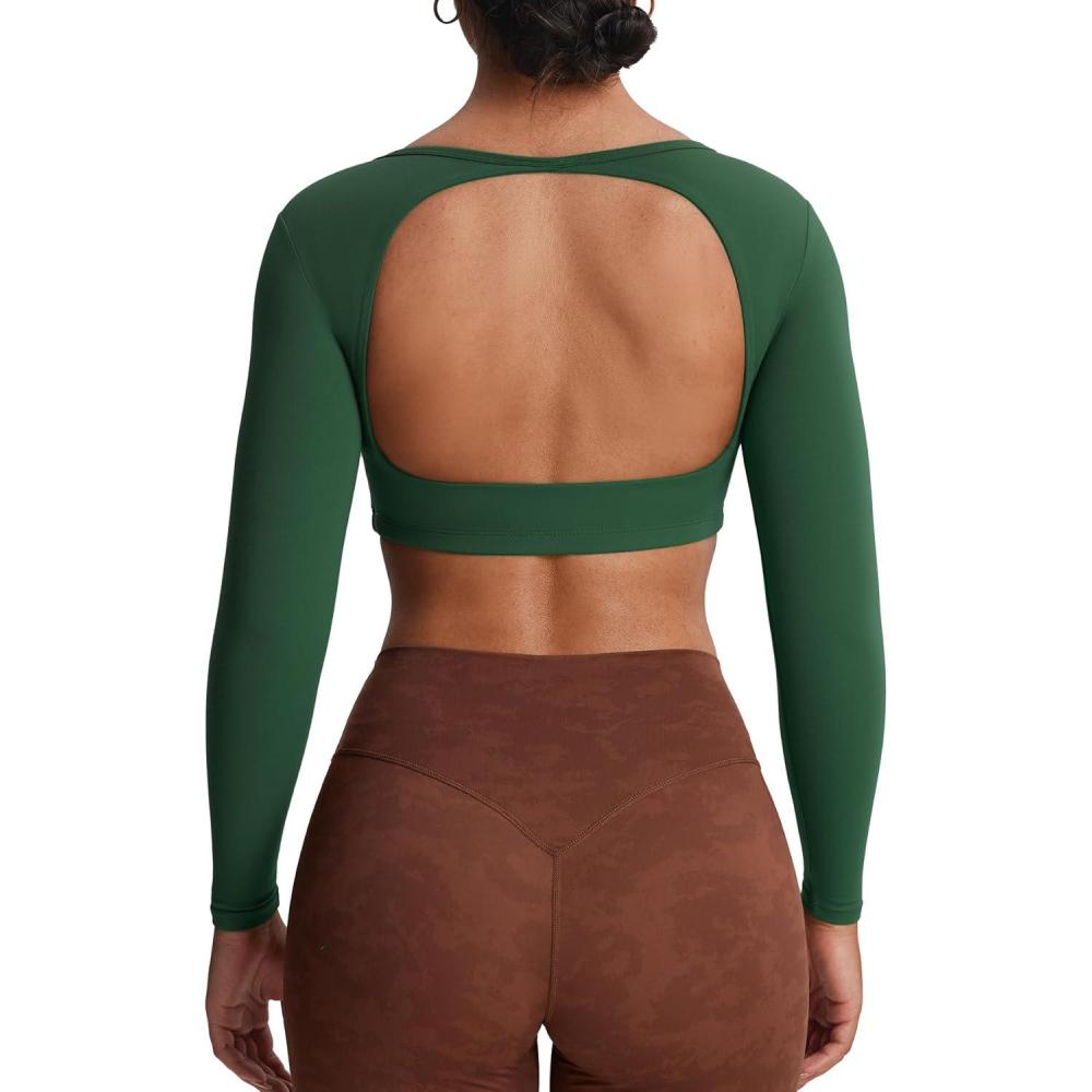 imageAoxjox Workout Long Sleeve Crop Tops for Women Clarissa Backless Gym Cropped T Shirt TopStorm Green