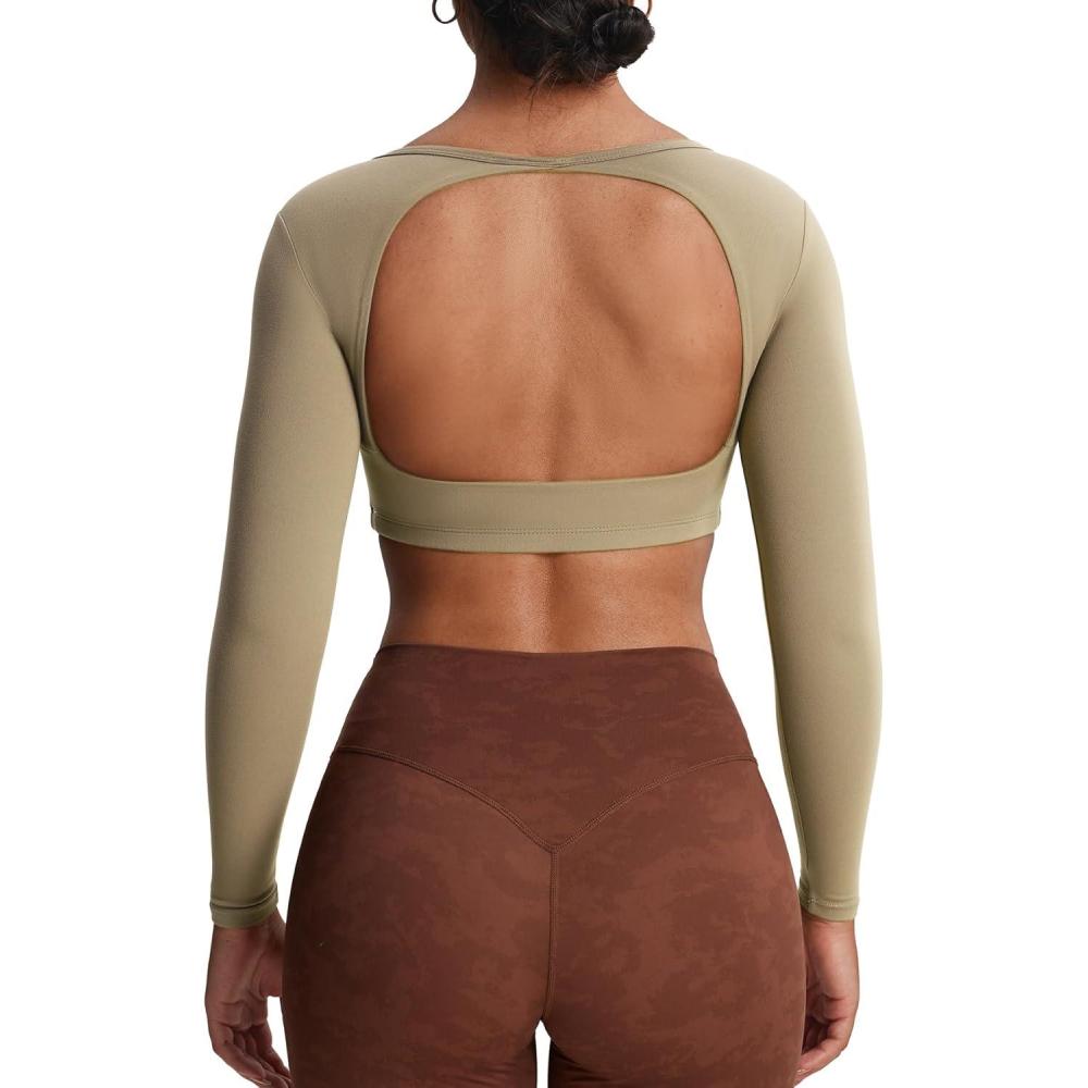 imageAoxjox Workout Long Sleeve Crop Tops for Women Clarissa Backless Gym Cropped T Shirt TopTaupe